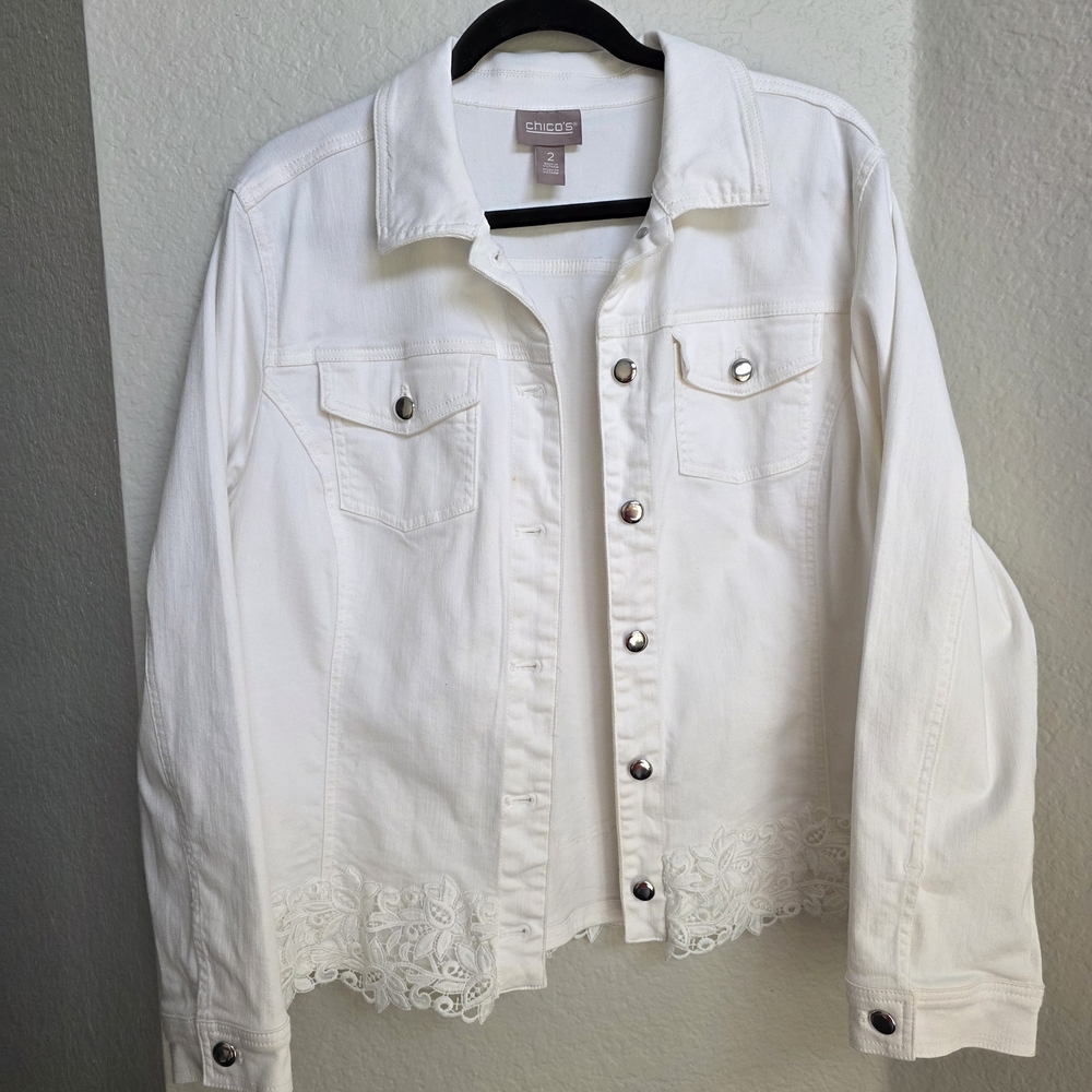 Chico's White Denim Jacket with Lace Trim